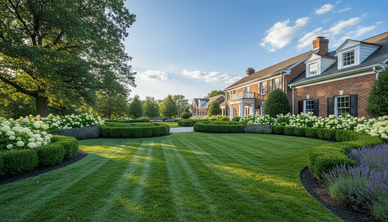 neatly landscaped front yard with trimmed hedges and green lawn