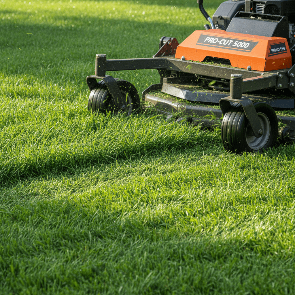 Close-up of a lawn mower cutting fresh green grass