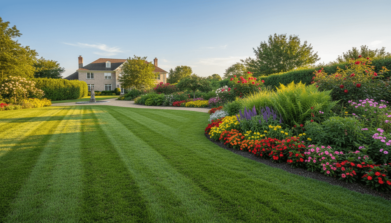 Lush green lawn with neat landscaping and a well-maintained garden bed in warm sunlight
