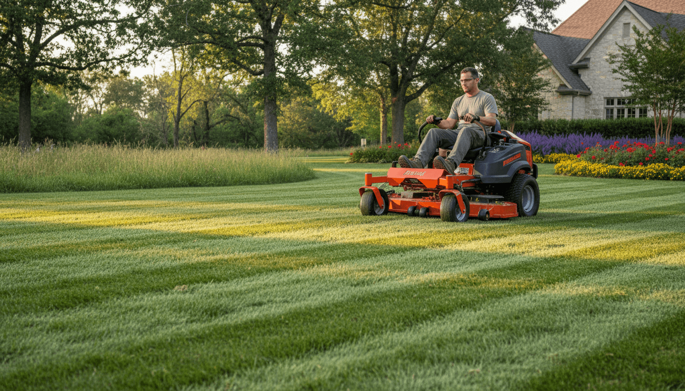 lawn mower cutting green grass on residential yard