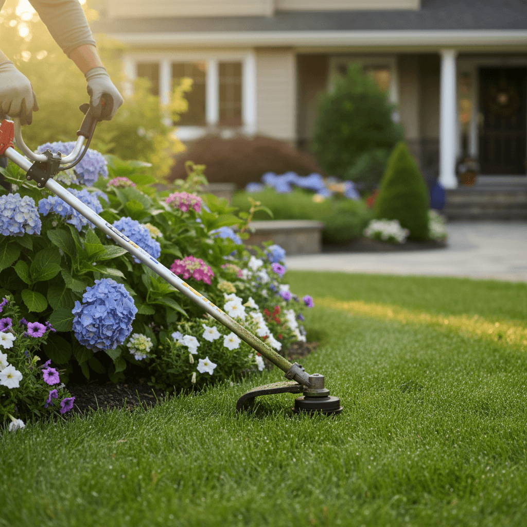 string trimmer edging along landscaped flower bed