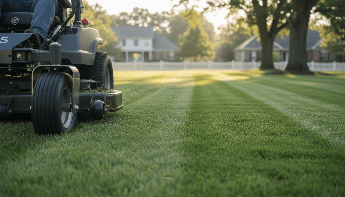 Side-by-side comparison of an unkempt lawn next to a freshly mowed one