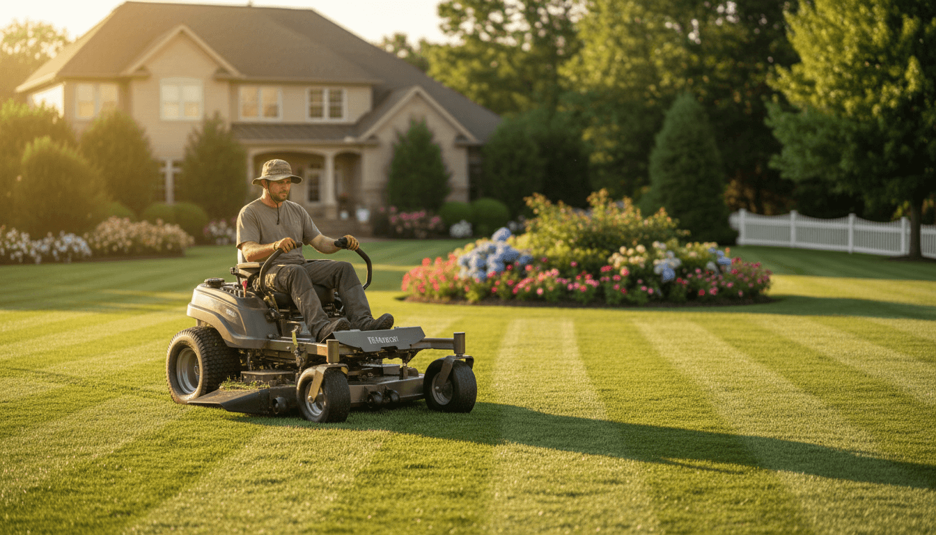 professional landscaper mowing lush green lawn in residential yard