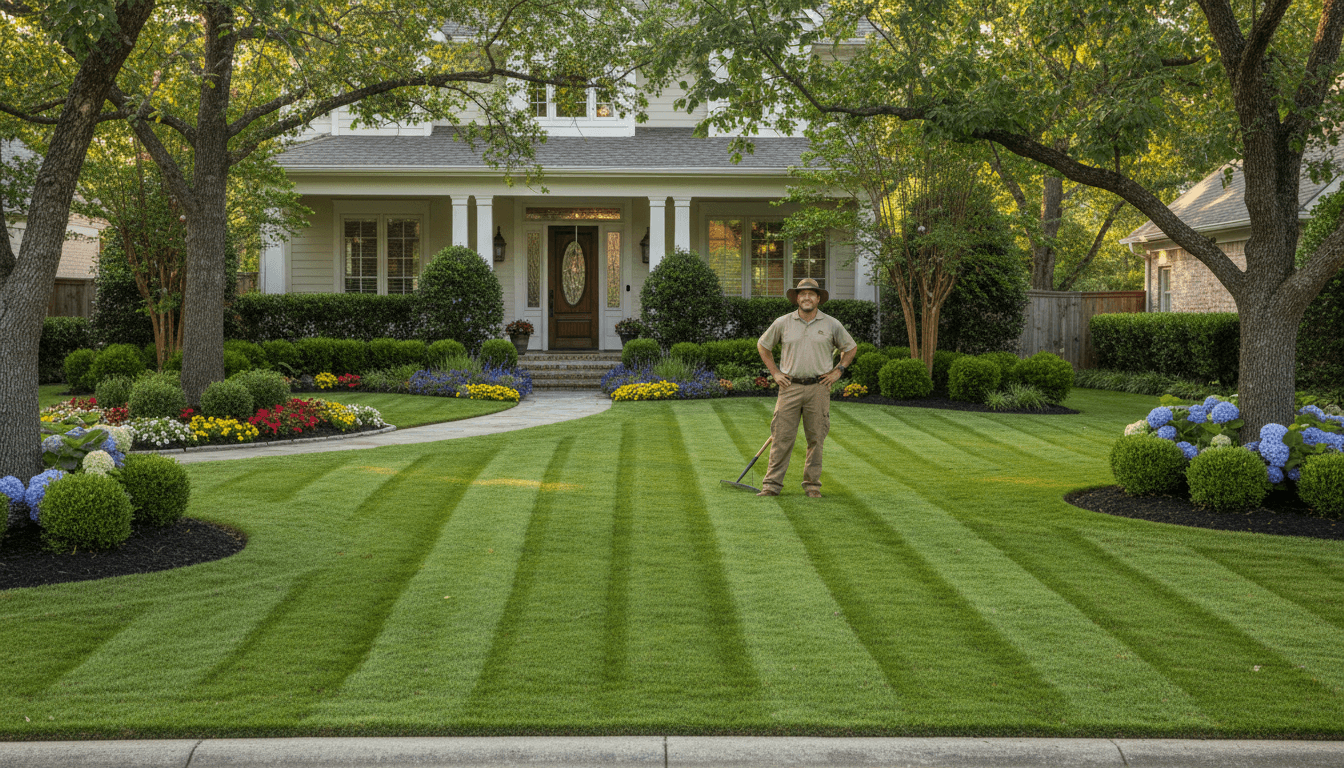 Well-maintained front yard with trimmed hedges and green lawn