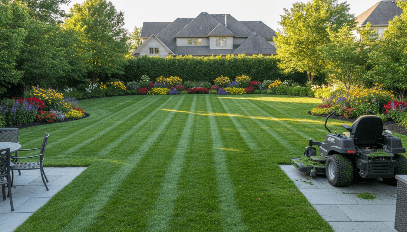 tidy backyard with edged flower beds and trimmed lawn