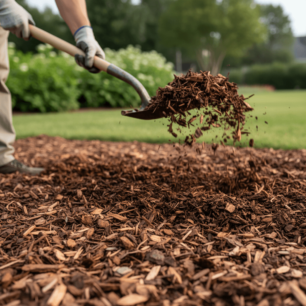 Fresh mulch being spread around young plants in a garden bed