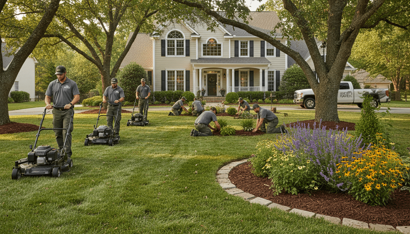Landscaping team discussing project plans with homeowner in front of well-maintained lawn