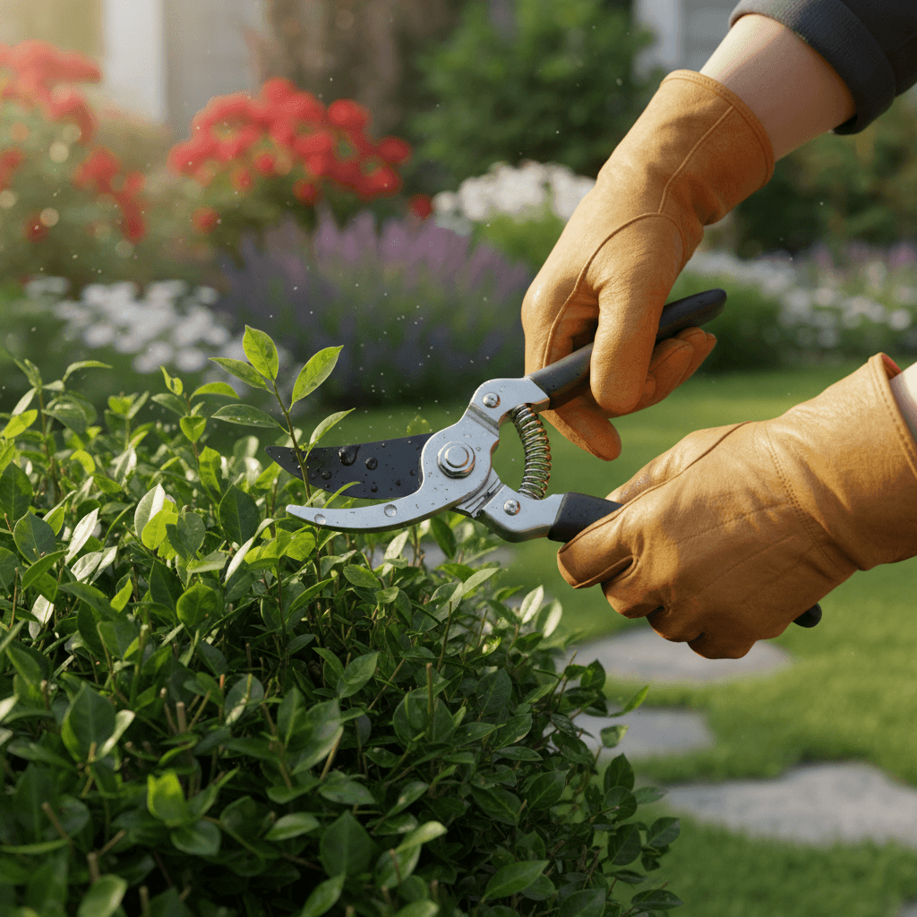 landscaper trimming hedges with hedge trimmer in residential yard