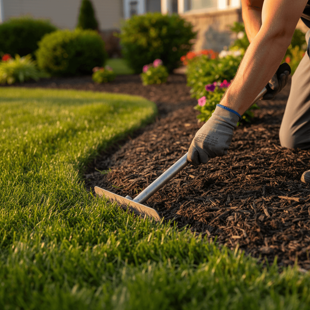 landscaper trimming green lawn edge with edger in residential yard